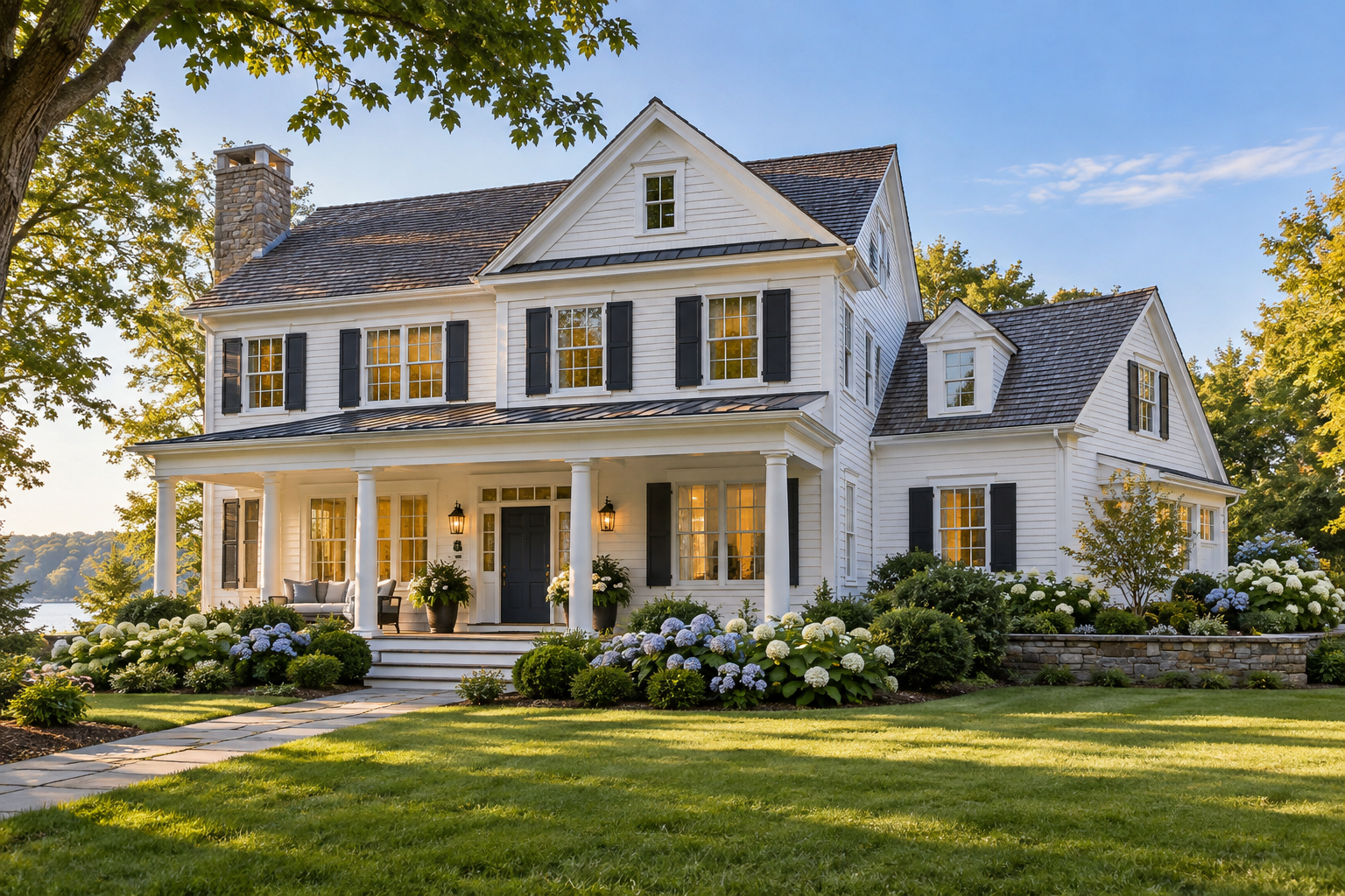 Illustrative New England home with white siding, a welcoming porch, and landscaped gardens
